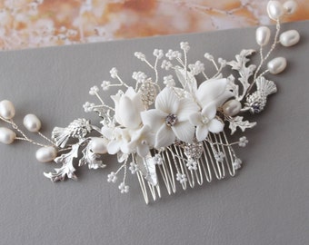 Silver Scottish Thistle Bridal Hair Comb: Freshwater Pearl Floral Wedding Headpiece