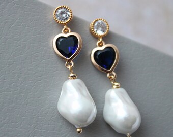 ADA// Gold Blue Bridal Earrings Baroque Pearl drop earrings Boho Wedding jewelry Heart Bridal Jewelry Wedding earrings Gold Studs gift