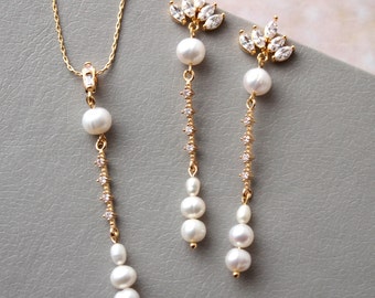 AMBRE// Gold Bridal Earring and Necklace set Freshwater Pearl Necklace Ivory Wedding earrings Long Pearl Drop earrings Wedding Jewelry set