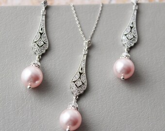 Pink Pearl Bridal Jewelry Set: Statement Art Deco Wedding Necklace & Earrings 1920s Dangle