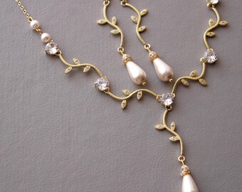 Gold Vine Bridal Jewelry Set: Pearl Drop Earrings & Necklace Boho Wedding