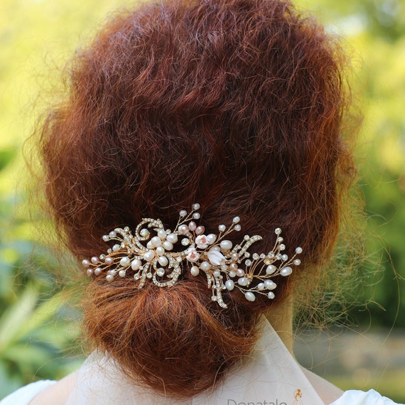 ARABELLA // Gold Pink Wedding Hair Comb Blush Flower Bridal  display picture 2