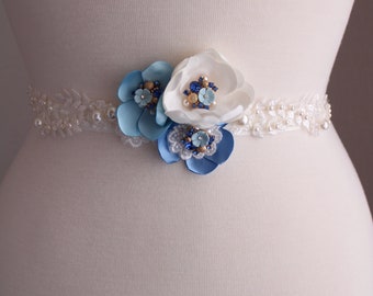 JOLIE // Gold blue floral bridal dress sash wedding dress belt  rose flower wedding sash something blue wedding belt ivory lace belt  gift