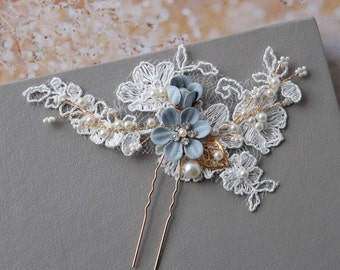 POPPY // Gold blue bridal hair pin Wedding Headpiece Lace  Wedding hair piece Leaf Lace Hair clip, Gold hair vine  Blue Hair Accessory