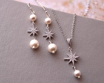 Star Bridal Jewelry Set: Starburst Pearl Drop Earrings and Necklace Celestial // NOELLE