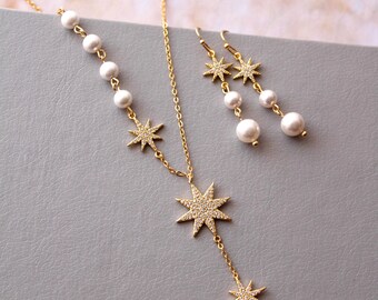 MICHELLE // Gold Celestial Star Bridal Earrings And Necklace Set Dangle Pearl Drop Bridal Earrings Starburst Wedding jewellery set gift