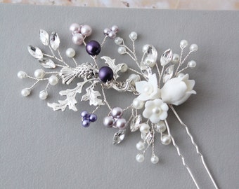 ISABELLE// Silver Purple Scottish Thistle hair pin Pearl Wedding hair pin Floral headpiece Wedding hair accessory Bridal hair pin Bridesmaid