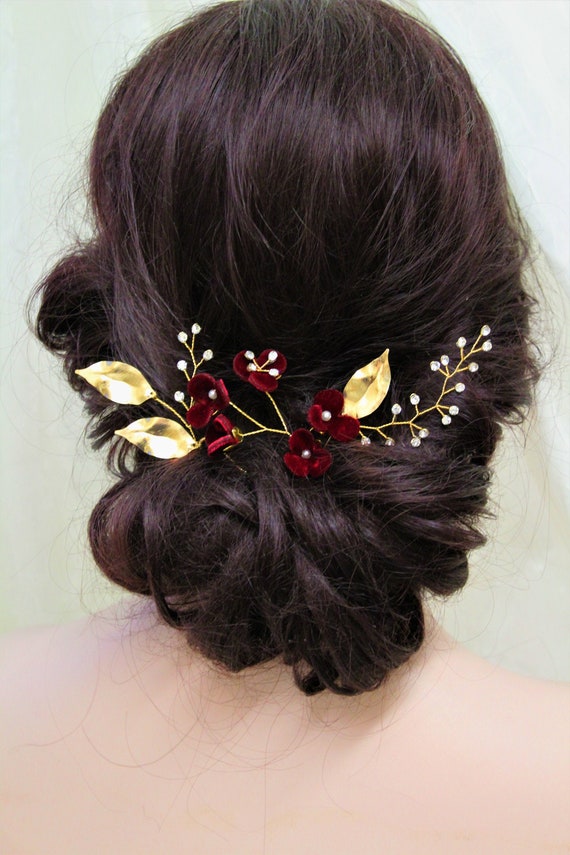 Gold Burgundy Bridal Hair Pins Wedding Hair Pins Wedding Etsy