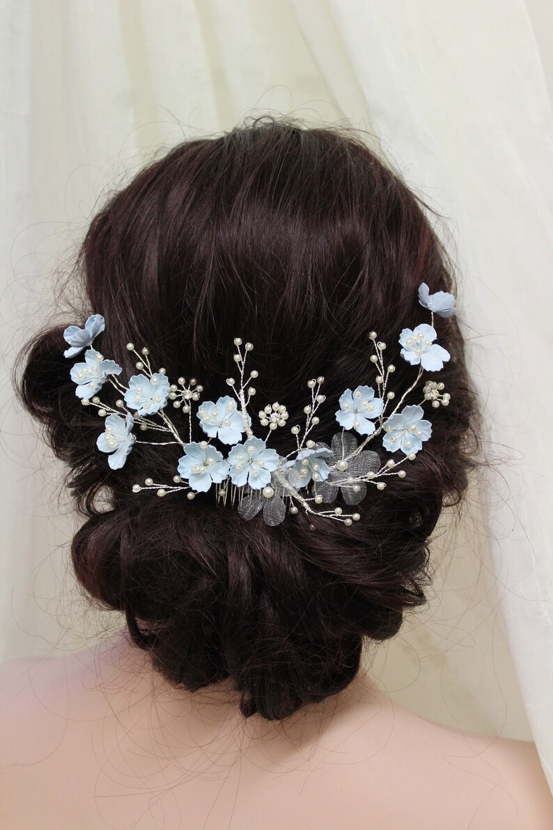 wedding hair piece silver wedding headpiece wedding hair comb Something Blue Bridal hair comb Bridal hair vine blue hair accessory UK
