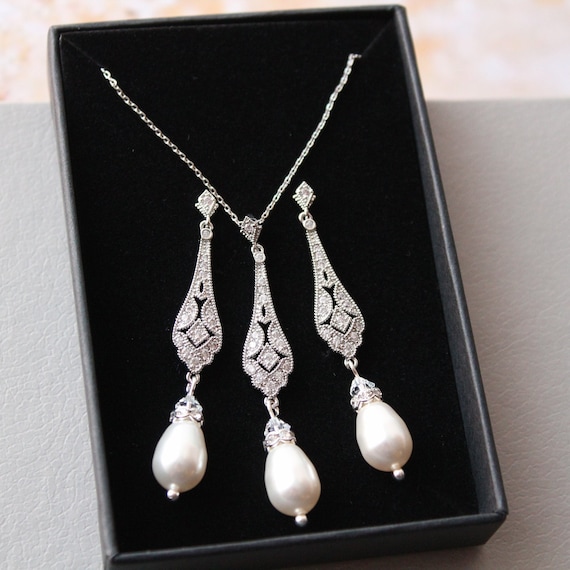 DonataleBridal TALIA Art Deco Necklace and Earring Set Bridal Necklace 1920s Earring Wedding Earring Champagne Wedding Jewelry Great Gatsby Pearl Jewelry
