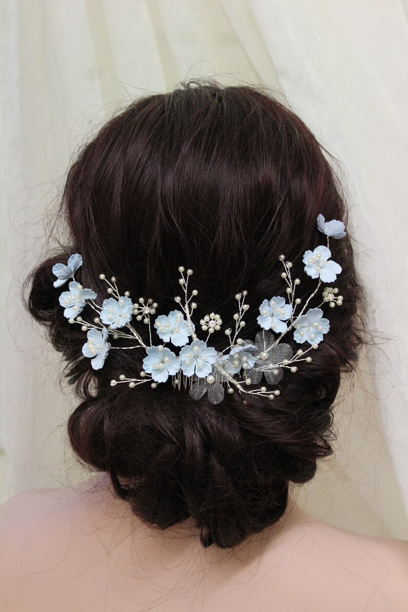 wedding hair piece silver wedding headpiece wedding hair comb Something Blue Bridal hair comb Bridal hair vine blue hair accessory UK