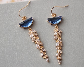 NORA // Gold Blue Leaf Bridal Earrings With Hooks Wedding Earrings  Dangle Earrings Wedding Jewelry Zircon  Leaf earrings  Bridal Jewelry