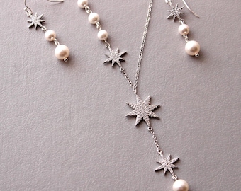 Silver Star Bridal Jewelry Set: Pearl Drop Earrings & Necklace Starburst Wedding Jewellery