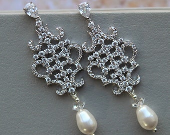 NANCY // Art Deco Earrings, Pearl Drop  Bridal Earrings, Wedding Earrings Chandelier Earrings Pearl  Earrings Wedding Jewelry Bridal jewelry