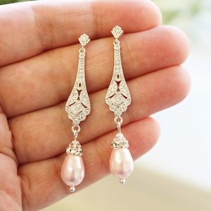 TALIA // Blush Bridal Earrings 1920s Art Deco Earrings Pearl drop Wedding Earrings Bridesmaid Earrings Wedding Jewelry Great Gatsby