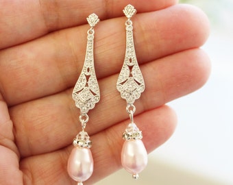 TALIA // Blush Bridal Earrings 1920s Art Deco Earrings Pearl drop Wedding Earrings Bridesmaid Earrings Wedding Jewelry Great Gatsby