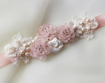 ABBY // Gold Pink wedding sash blush bridal belt floral pearl belt wedding ivory pink  lace belt rustic wedding dress sash navy pink belt