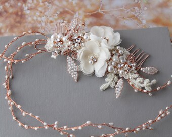 Rose gold  wedding crown pearl bridal hair vine flower hair wreath ivory floral headband, boho wedding halo lace hair comb lace headband