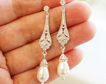 TALIA // Bridesmaid Earrings Bridal Earrings 1920s Art Deco Earrings Wedding Earrings  Wedding Jewelry Great Gatsby Pearl  Jewelry