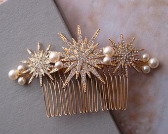 TRISHA // Gold celestial star hair comb bridal headpiece wedding hair comb art deco Silver wedding hair piece 1920s wedding hair accessory