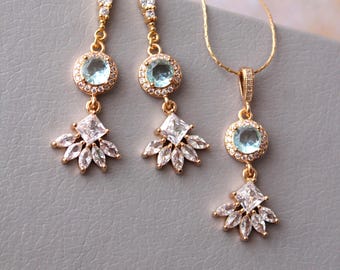 Gold Crystal Bridal Jewelry Set: Something Blue Wedding Necklace and Earrings //LISA