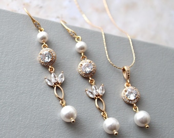 Gold Bridal Pearl Drop Necklace and Earring Set: Art Deco Wedding Jewelry, Vintage Style //BEATRICE