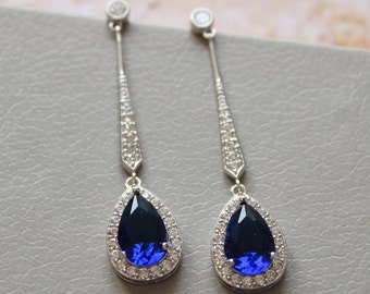 DANIELLE // Sapphire Blue Crystal drop Wedding Earrings ,Dangle Bridal Earrings, Art Deco Earrings , CZ Wedding Jewelry, Bridal Jewelry