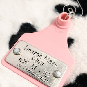 Hand Stamped Personalized Christmas Ornament - Baby&#39;s First Christmas - Birth Announcement - Photo Prop - Cow Ear Tag - Birth Stats - Gift