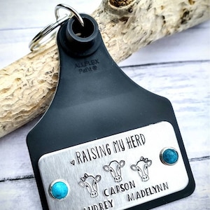 Hand Stamped Personalized Raising My Herd Keychain - Cow Cattle Calf Key Chain - Ear Tag - Livestock Cattle Tag - Ornament