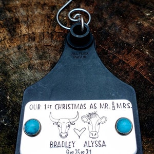 First Christmas Mr. And Mrs. Ornament - Longhorn - Cow - Newlywed Gift - Cattle Ear Tag - Personalized - Western - Country