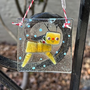 Red nose Reindeer glass Christmas ornament. Fused glass Christmas ornament. Stained glass ornament