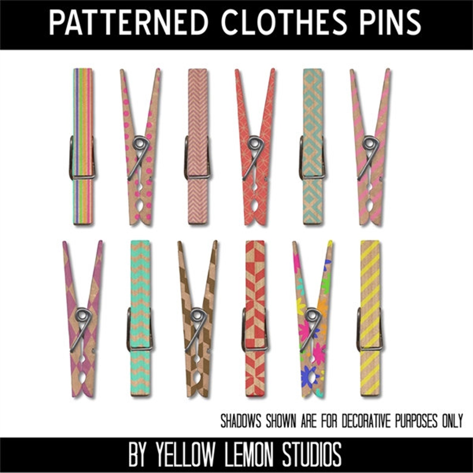 Clothes Pin Clip Art patterned Clothspins Colors | Etsy