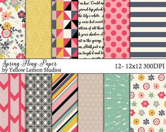 Spring Digital Paper "SPRING FLING" modern, floral, fun colors, arrow, stripe, pink, red, grey, yellow, cream, black, teal, geometric, cute