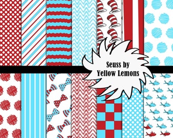 Digital scrapbooking paper (Dr Seuss cat in the hat inspired) 8.5x11 high quality paper -INSTANT DOWNLOAD