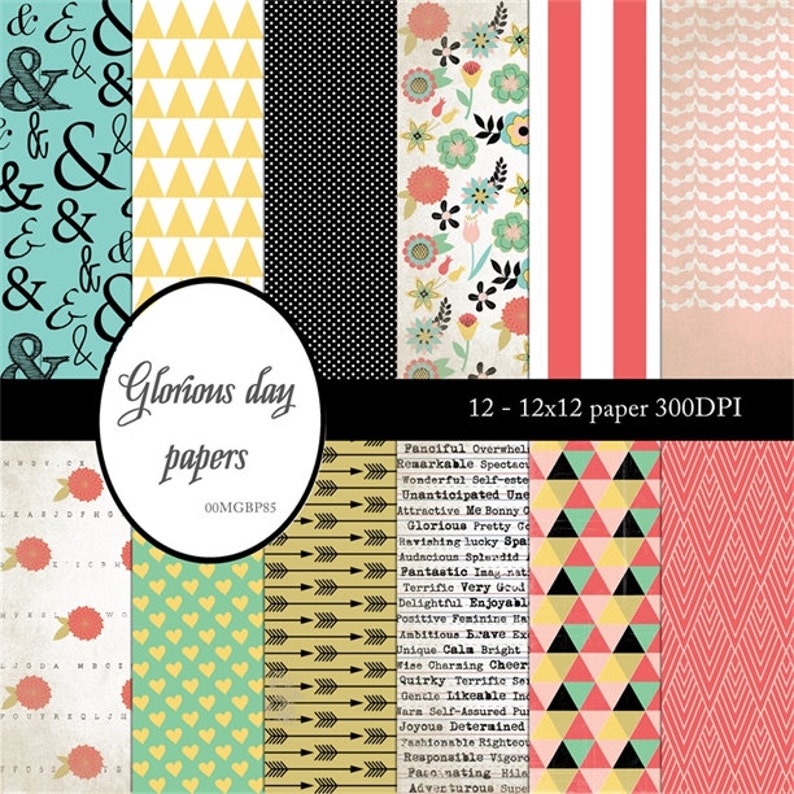 and school paper flowers coral blue black Positive affermation papers GLORIOUS DAY type writer love peach pink