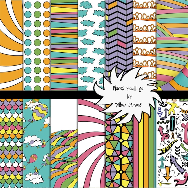 Digital scrapbooking paper The places you'll go inspired 8.5x11 quality paper - orange, pink, turquoise, purple, arrows, direction, grad