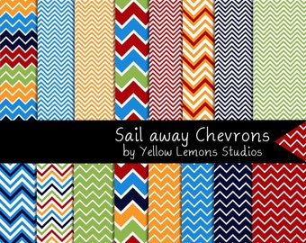 Chevron styles "SAIL AWAY CHEVRON" summer color, fashion trend, chevron, red, green, blue, navy, orange, Digital Paper, Scrapbook,Web Design