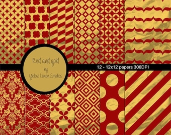 Red and Gold patterned papers "RED GOLD" gold foil, polka dots, triangles, Christmas, wrapping paper, chevron, damask, holiday colors