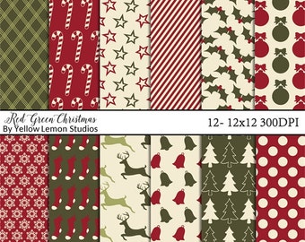 Christmas symbols digital paper "TRADITIONAL CHRISTMAS "  warm, winter, red, green, cream, holiday, candy cane, holly, tree, stocking, bulbs