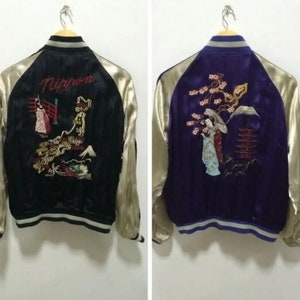 Vintage Sukajan Jacket Japan Geisha Sakura Map Dragon Reversible Embroidery Souvenirs Rayon Jacket Rare