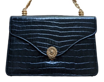 1940s handbag purse brown leather alligator texture frame bag