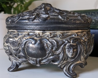 Art Nouveau Antique Lady Face Jewelry Box / Silver Jewelry Box / Art Nouveau Style