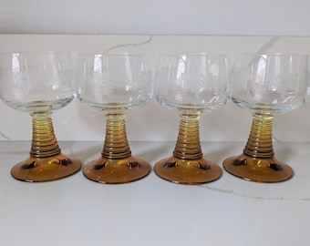 Zwiesel Wine Glasses / Beehive Glasses / German Glassware / Vintage Goblets / Amber Beehive Glasses / Etched Glass