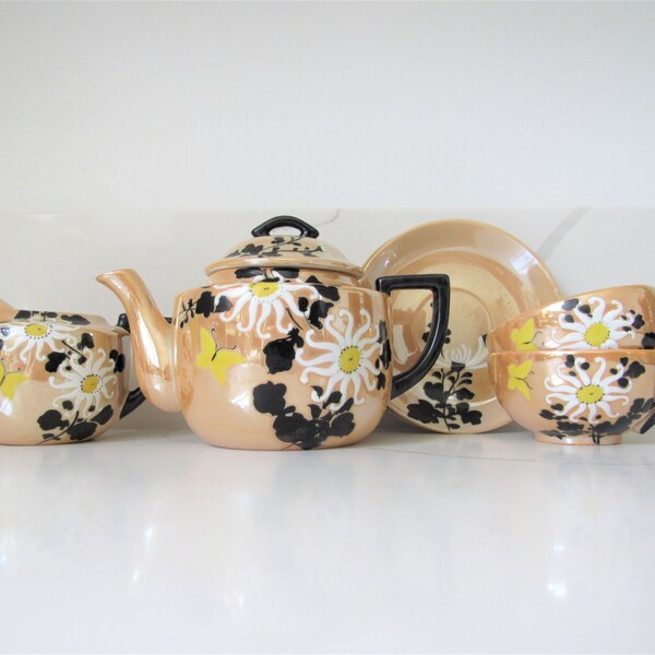 Vintage Lusterware Hand Painted Tea Set / Vintage Teapot And Teacups / 1940's Tea Set