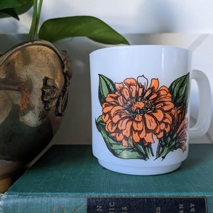 Vintage Milk Glass Coffee Mug / Zinnia Mug / Orange Zinnia / Vintage Milk Glass / Milk Glass Coffee Mug