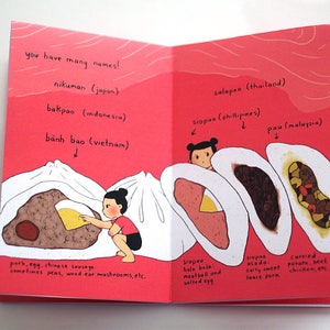 May include: Illustration of a steamed bun with different fillings. The bun is called "you have many names!" and has different names in different languages, including "nikuman" (Japan), "bakpao" (Indonesia), "b&aacute;nh bao" (Vietnam), "salapao" (Thailand), "siopao" (Philippines), and "pau" (Malaysia).