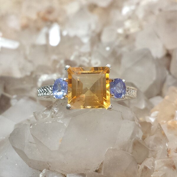 Jahrgang Citrin & Tansanit-Sterling-Silber Größe 8-1/2 Estate Ring / Golden Citrin und lila Tansanit Engagement Ring 8,5 / Free Shipping