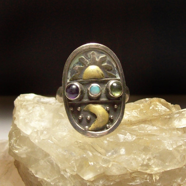 Vintage and Handcrafted Sterling Silver Gemstone Ring / Sterling Silver Sun & Moon Ring with Amethyst, Opal, and Peridot