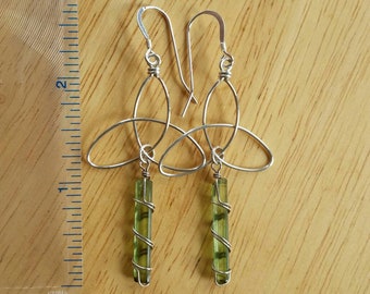 Green tourmaline crystal wire wrapped dangle Three Circles  earrings handmade in sterling silver #8