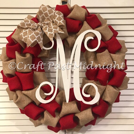 Red Monogram Initial Burlap Wreath Red Front Door Decor Etsy